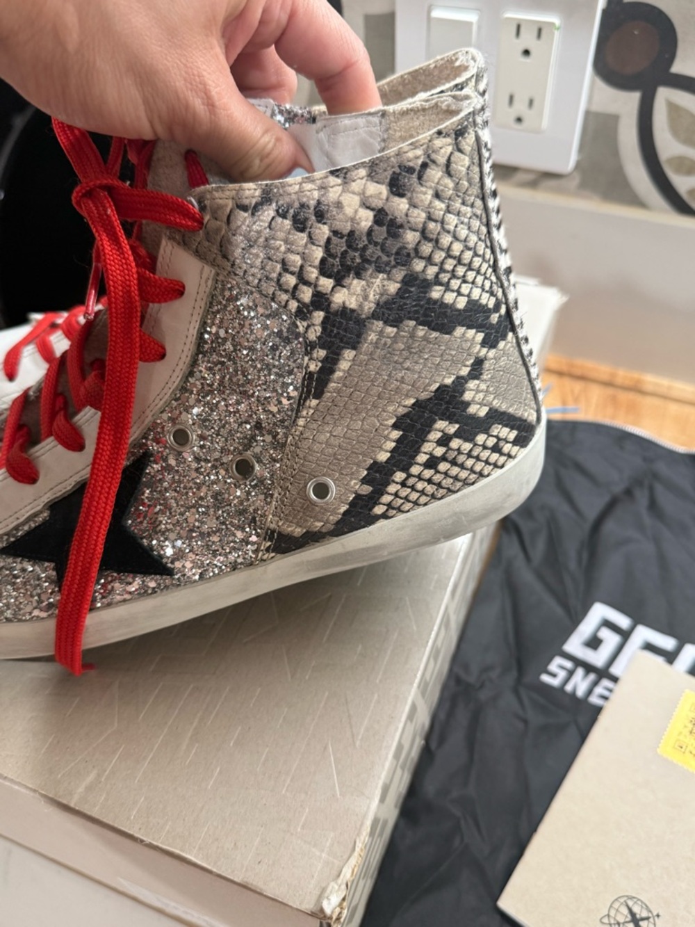 Golden Goose Multi-Texture High-Top Sneakers with Red Laces - Picture 6 of 13